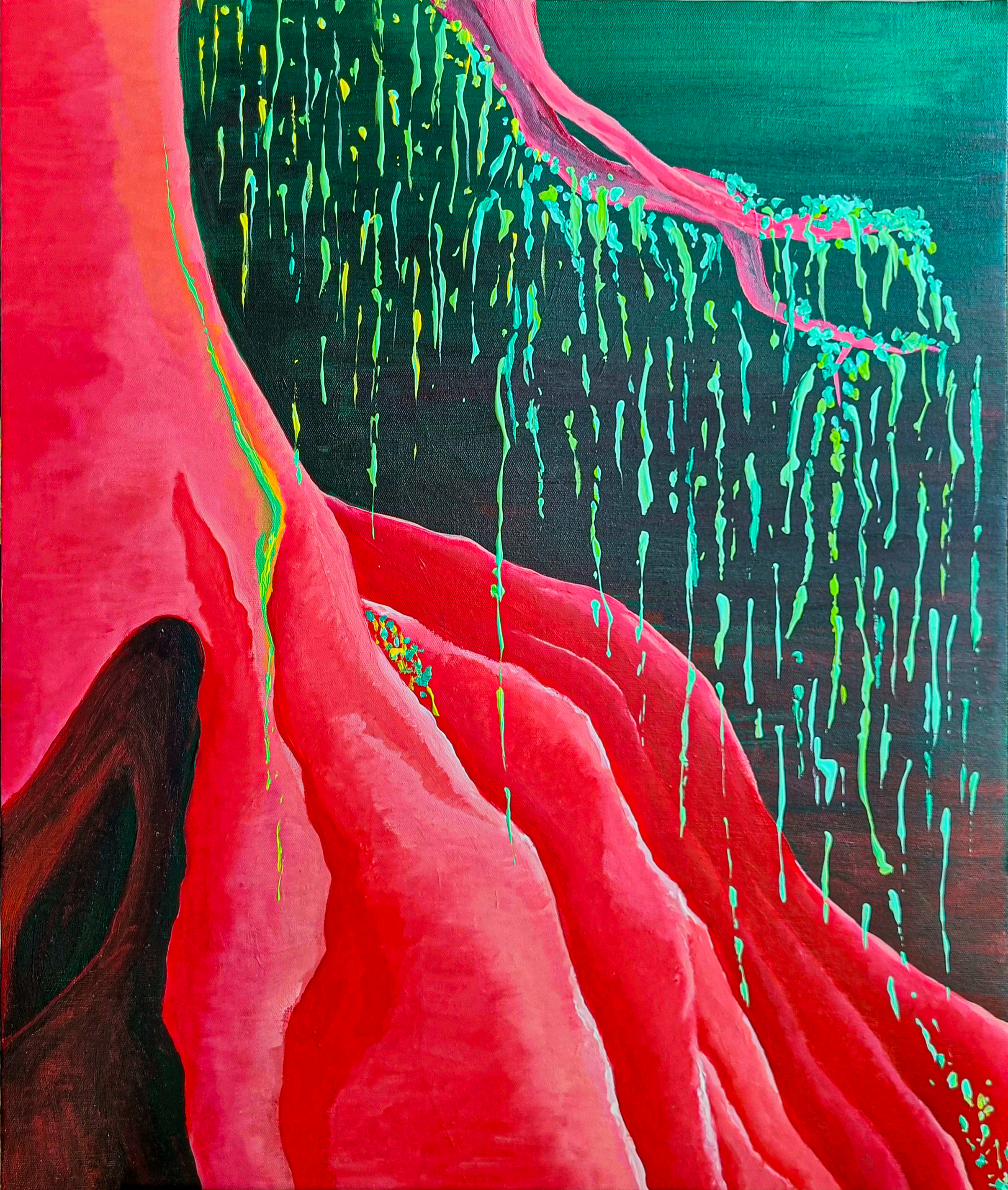 Pink painting of tree roots with a waterfall of green leaves. By Thai artist, Rubynnastory.