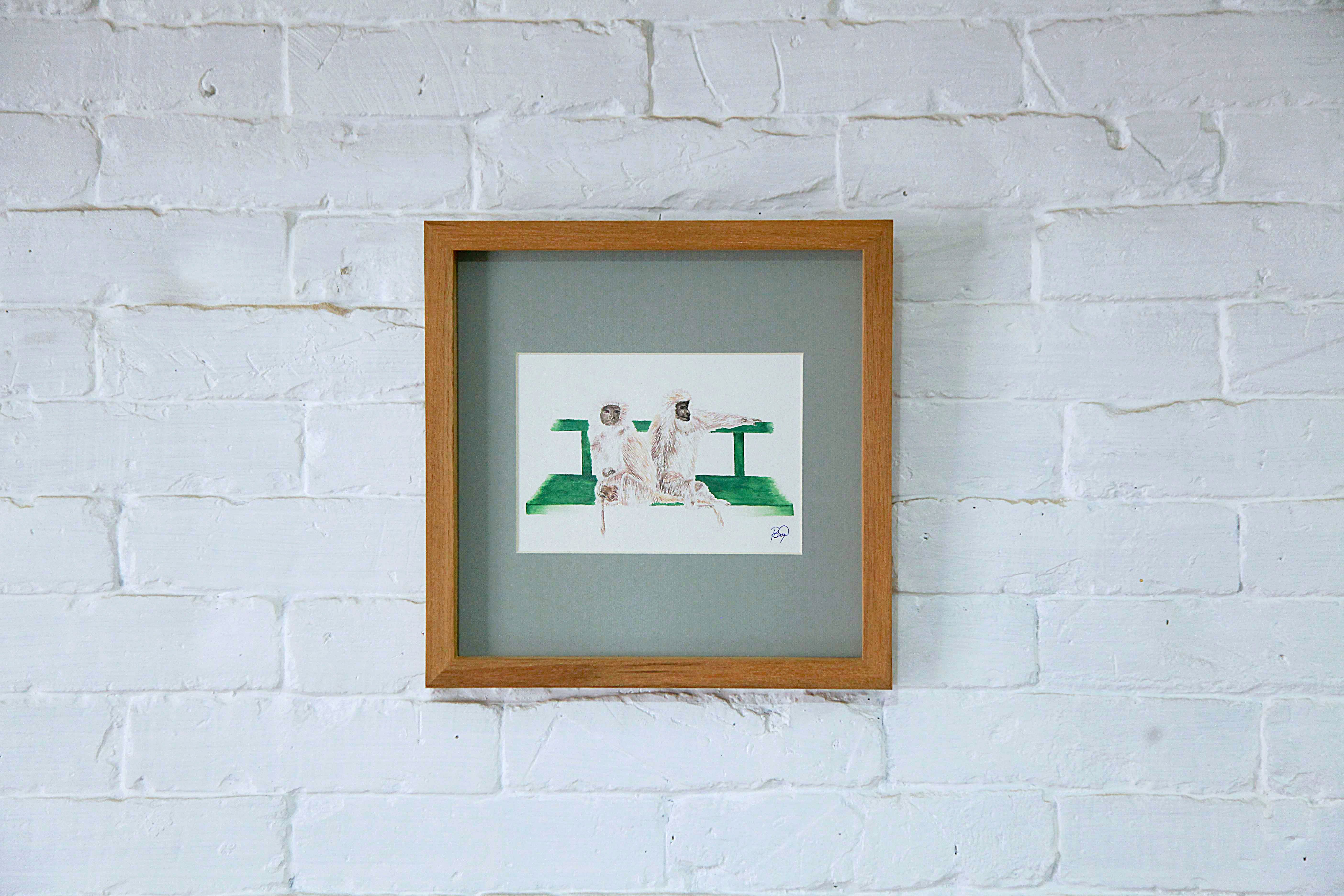 Chamba monkeys in the Himalayas, Dharamsala India. Watercolour painting.