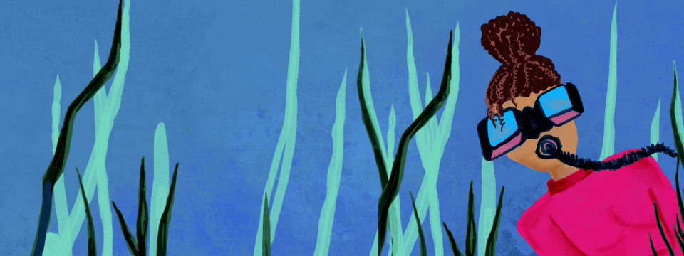 Ocean art, with diver and seaweed.