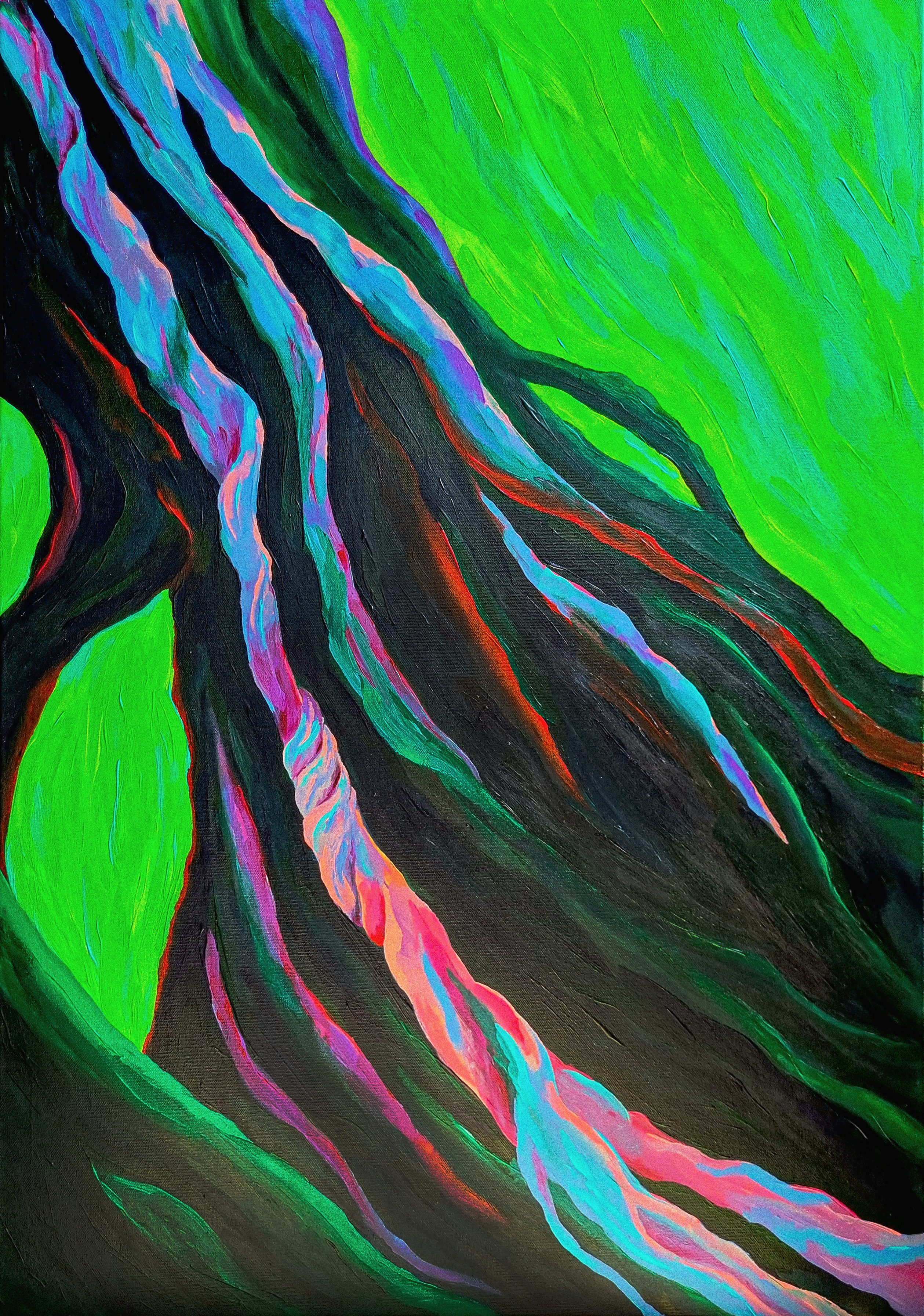 Roots painting of dark shades of green over bright green. Very vibrant home decor.