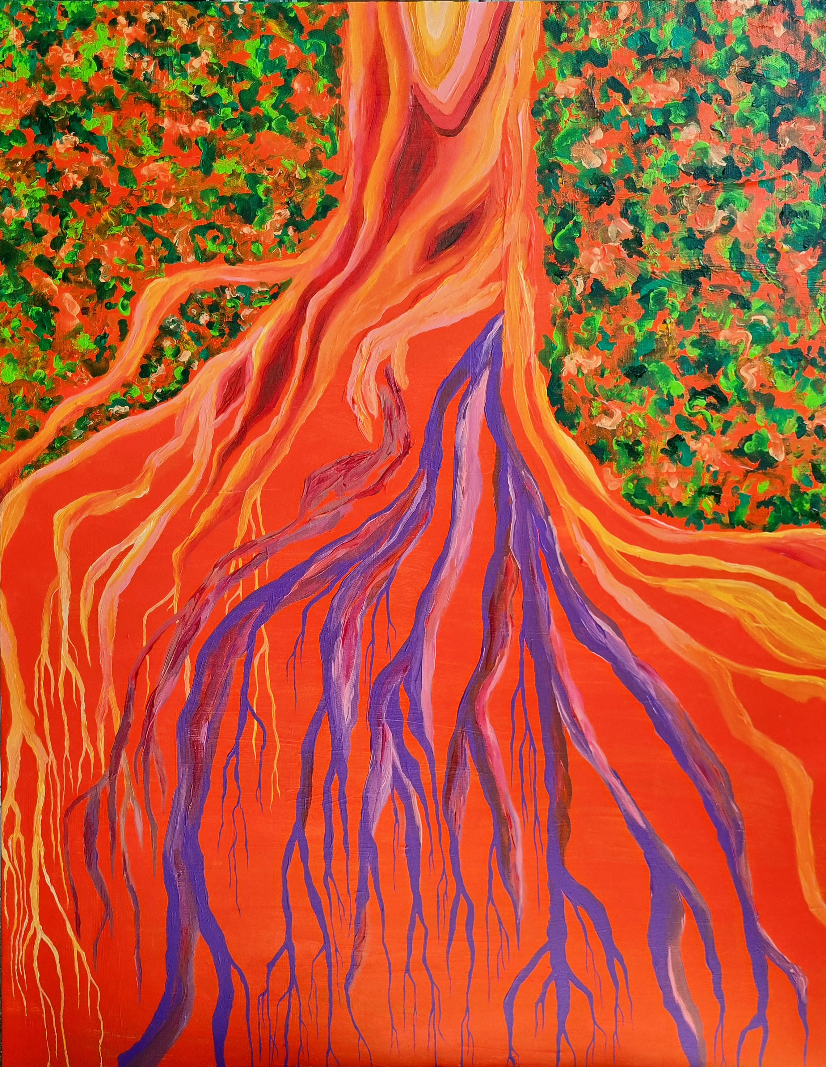 Bright reconnection painting in shades of orange and purple of tree roots. Very grounded art.