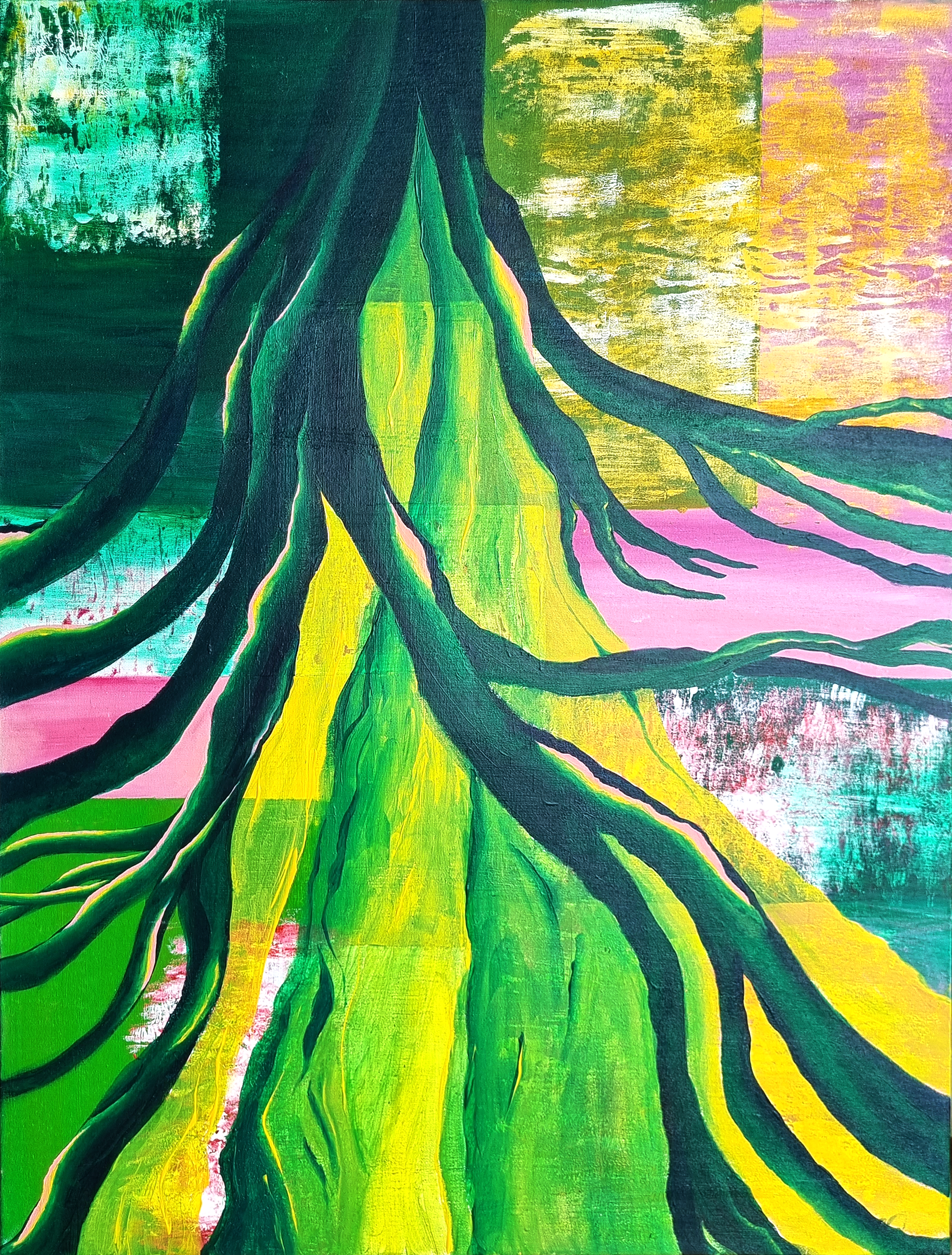 Green slowly lines painting in contrast with cubes and lines by Rubynna, Thai artist