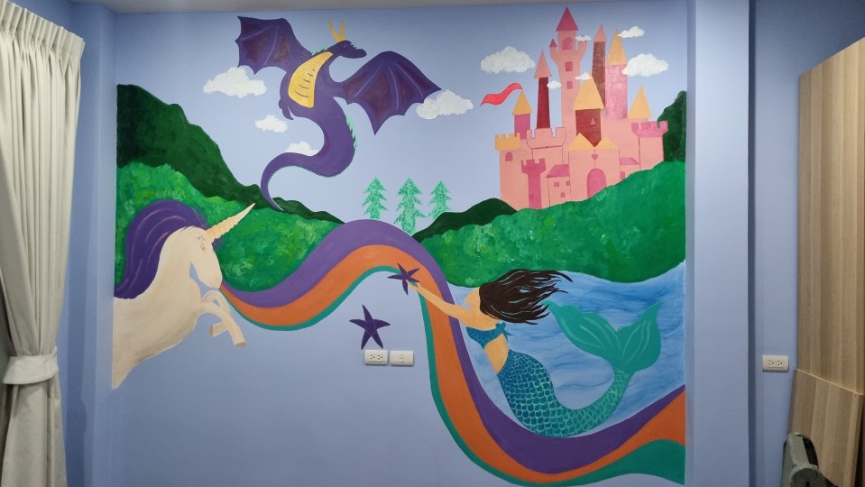 Fantasy Wall Mural Art, mermaid in the lake of a castle.