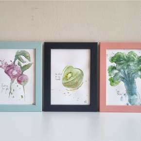 Fun fruit and vegetable watercolour art with cute puns.