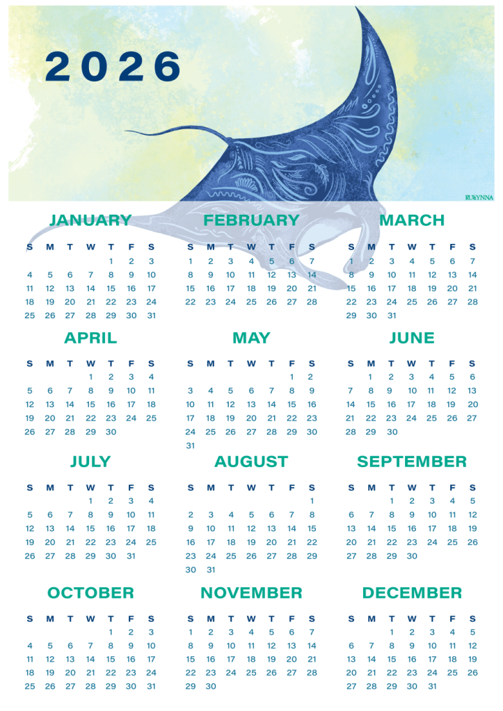 Manta Ray 2026 Calendar, Whimsical New Years Gift