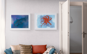 Digital download art of a whale shark and octopus. Blue shades, ocean paintings.