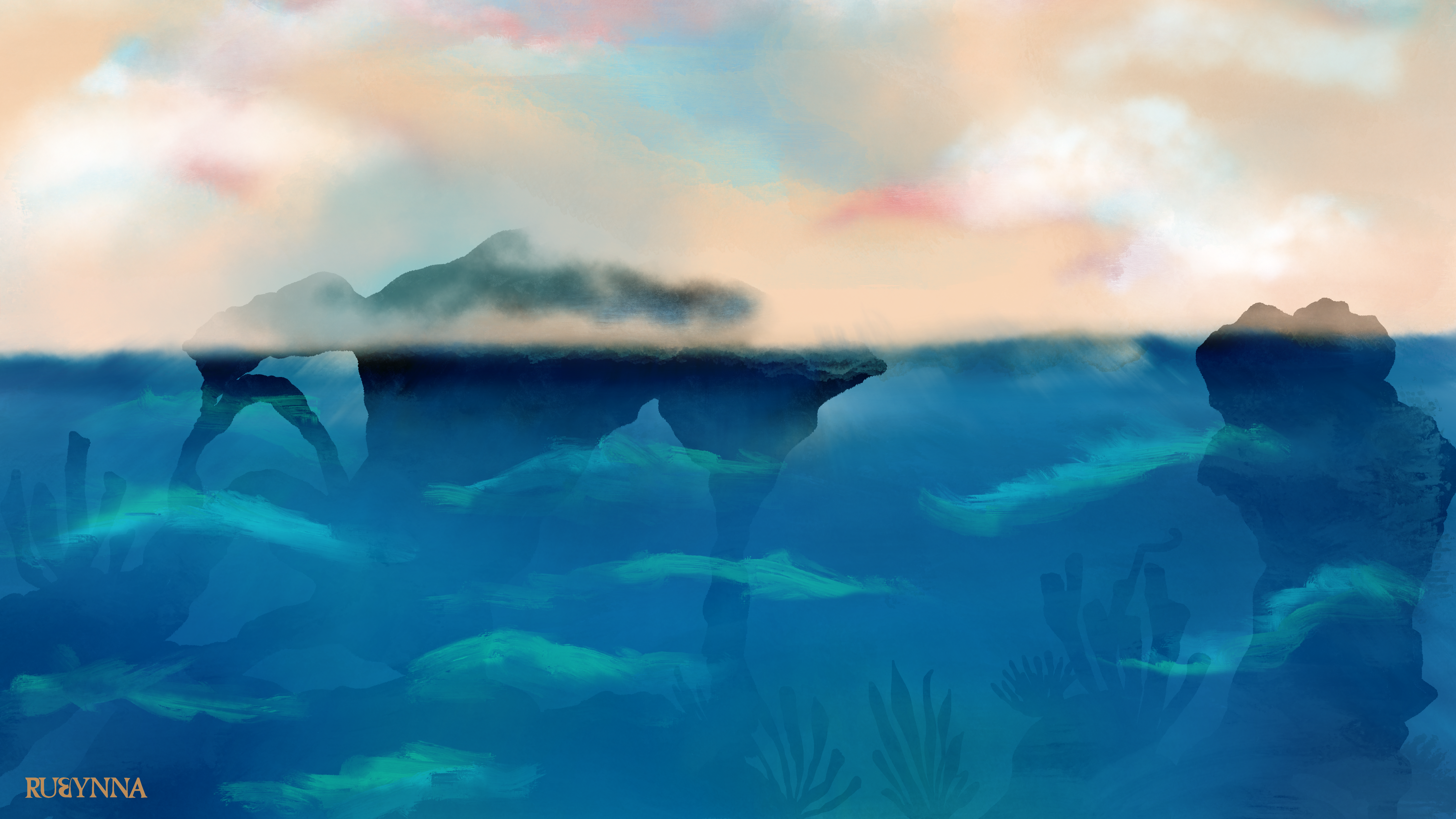 Ocean Illustration, diving art, Thailand. Art showing the soothing and scary emotion. 