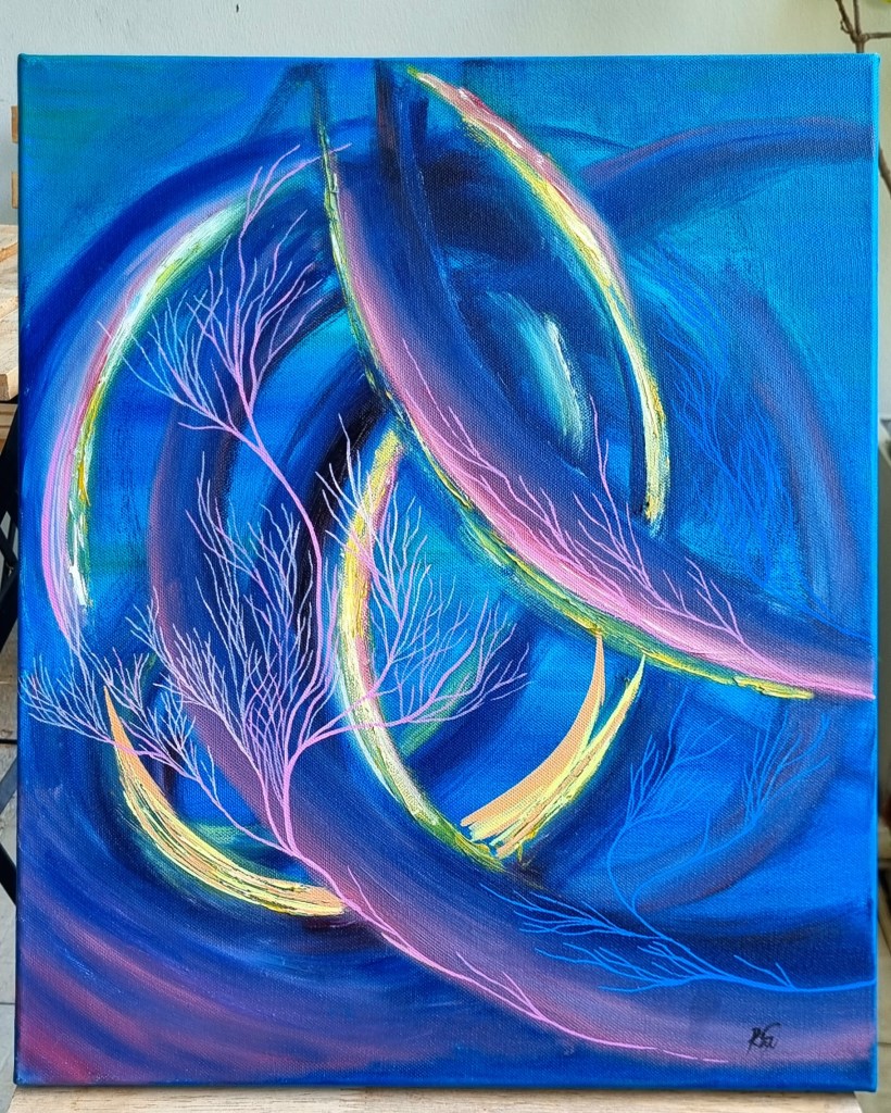 An abstract painting of the corals in the ocean.