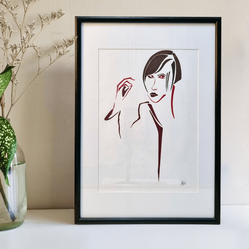Minimal illustration of a women by Thai artist, Rubynnastory. With red highlights. 