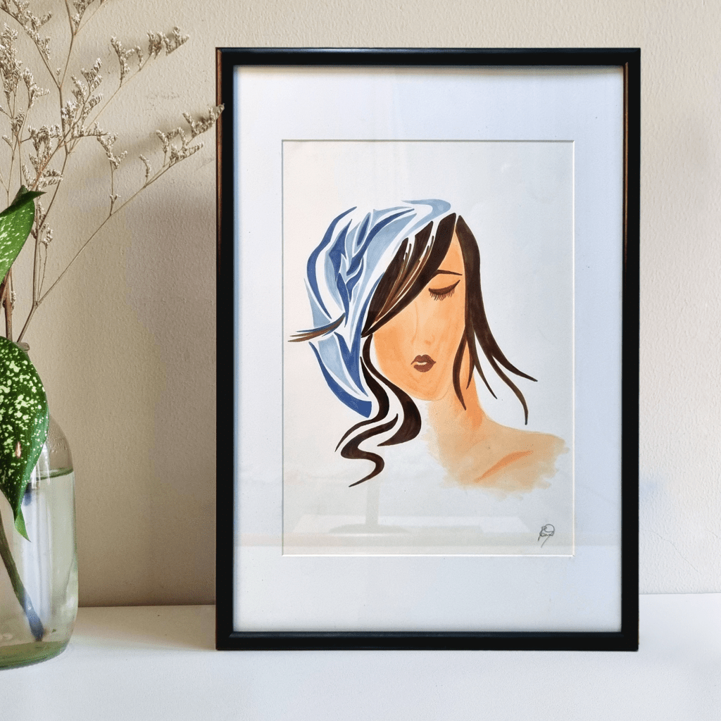 A minimal illustration of a woman with a head dress. Very calming and beautiful. Available for sale in Bangkok. 