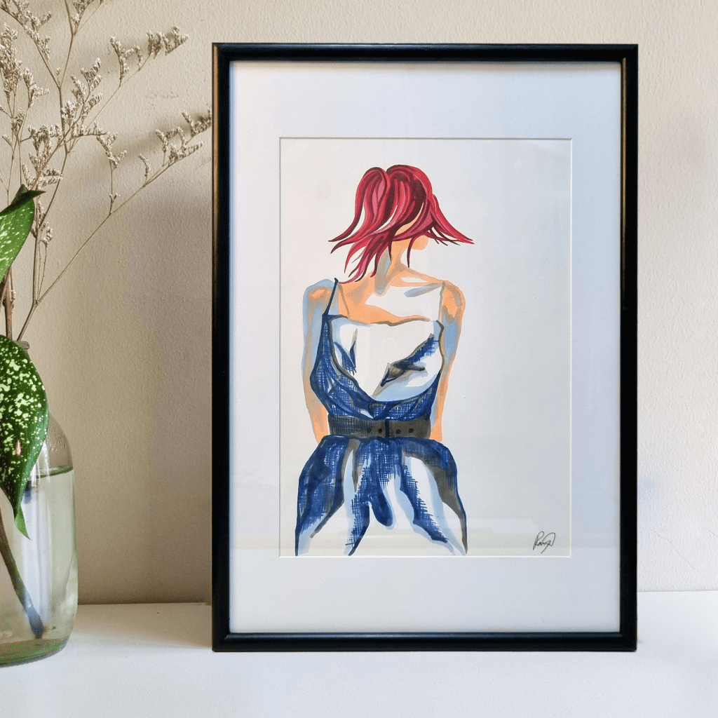 A colourful illustration of a woman with red hair in a black frame. Drawn by a Thai artist, Rubynnastory. Available for sale. 