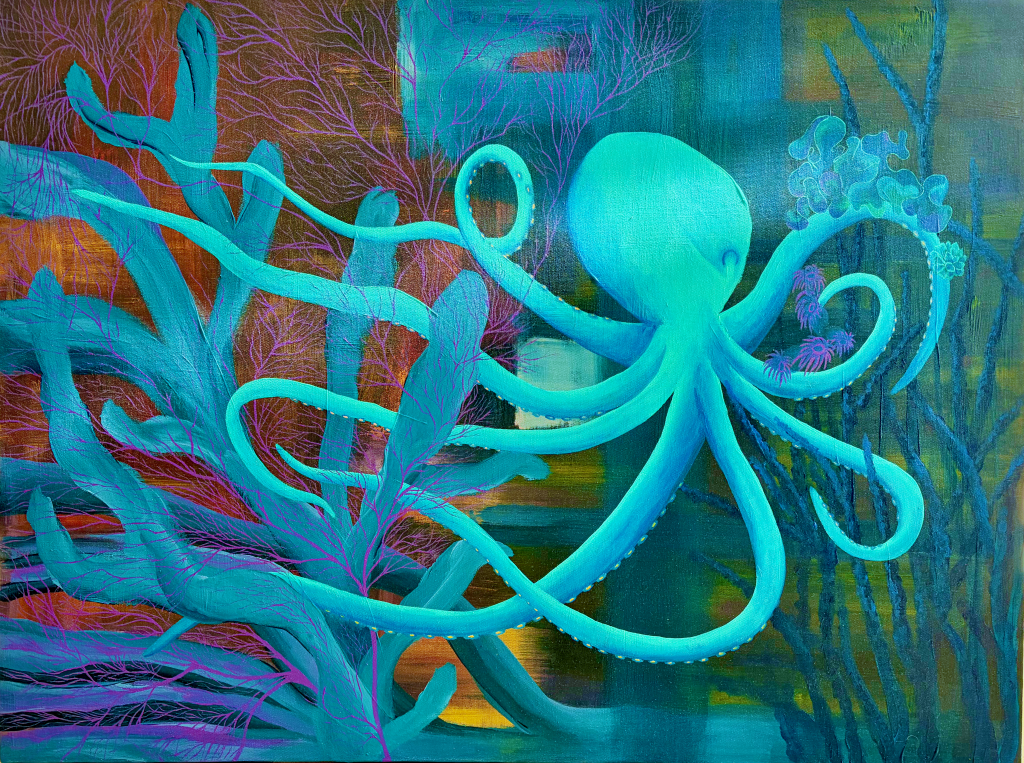 An octopus painting in shades of green and blue, beautiful ocean art.