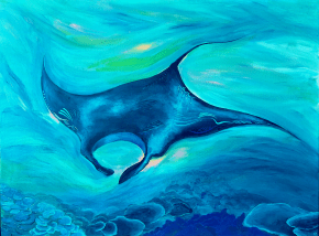 A manta ray painting in calming shades of blue in Thailand.