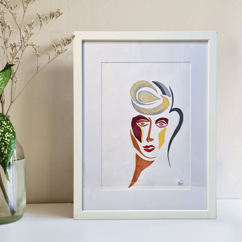 A cubism style illustration of a strong woman by a Thai artist. Available for sale in Bangkok. 